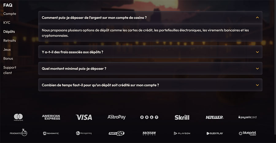 faq methodes de depots madcasino